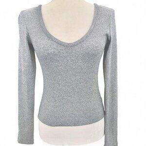 Universal Thread Gray Ribbed Scoop Neck Fitted Long Sleeve Top XS Stretch Knit